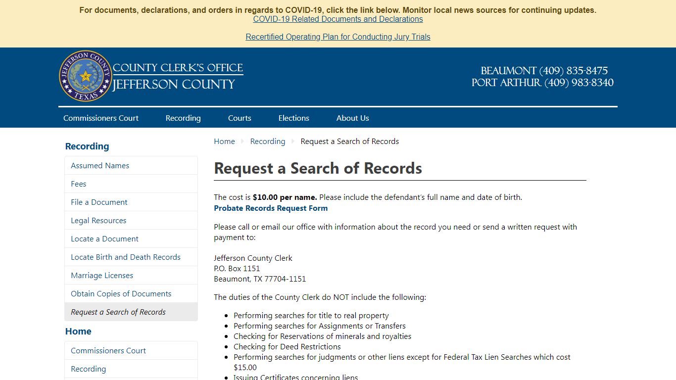 Recording - Request a Search of Records - Jefferson County TX