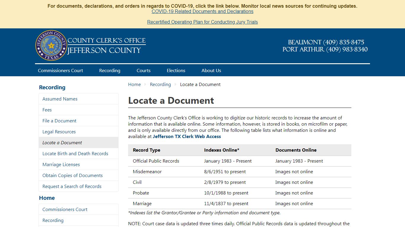 Recording - Locate a Document - Jefferson County TX